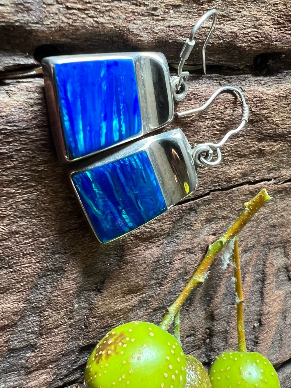 Mexico Sterling Silver Earrings Blue Opal Drop Hooks Geometric Mod Beach